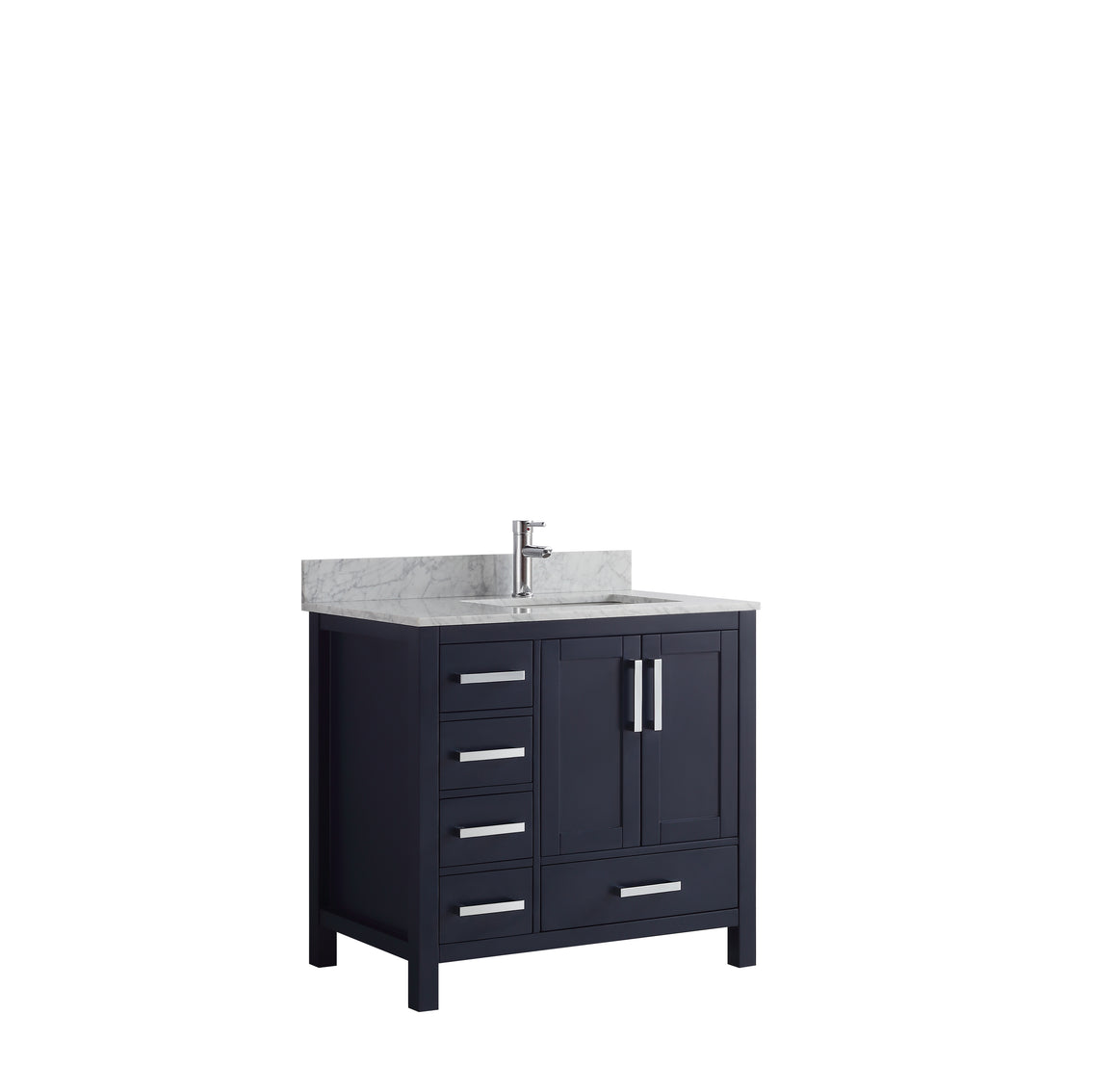Jacques 36" Navy Blue Single Vanity, White Carrara Marble Top, White Square Sink and no Mirror - Right Version