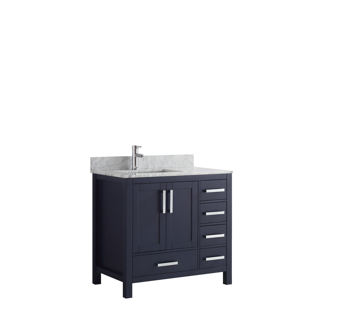 Jacques 36" Navy Blue Single Vanity, White Carrara Marble Top, White Square Sink and no Mirror - Left Version