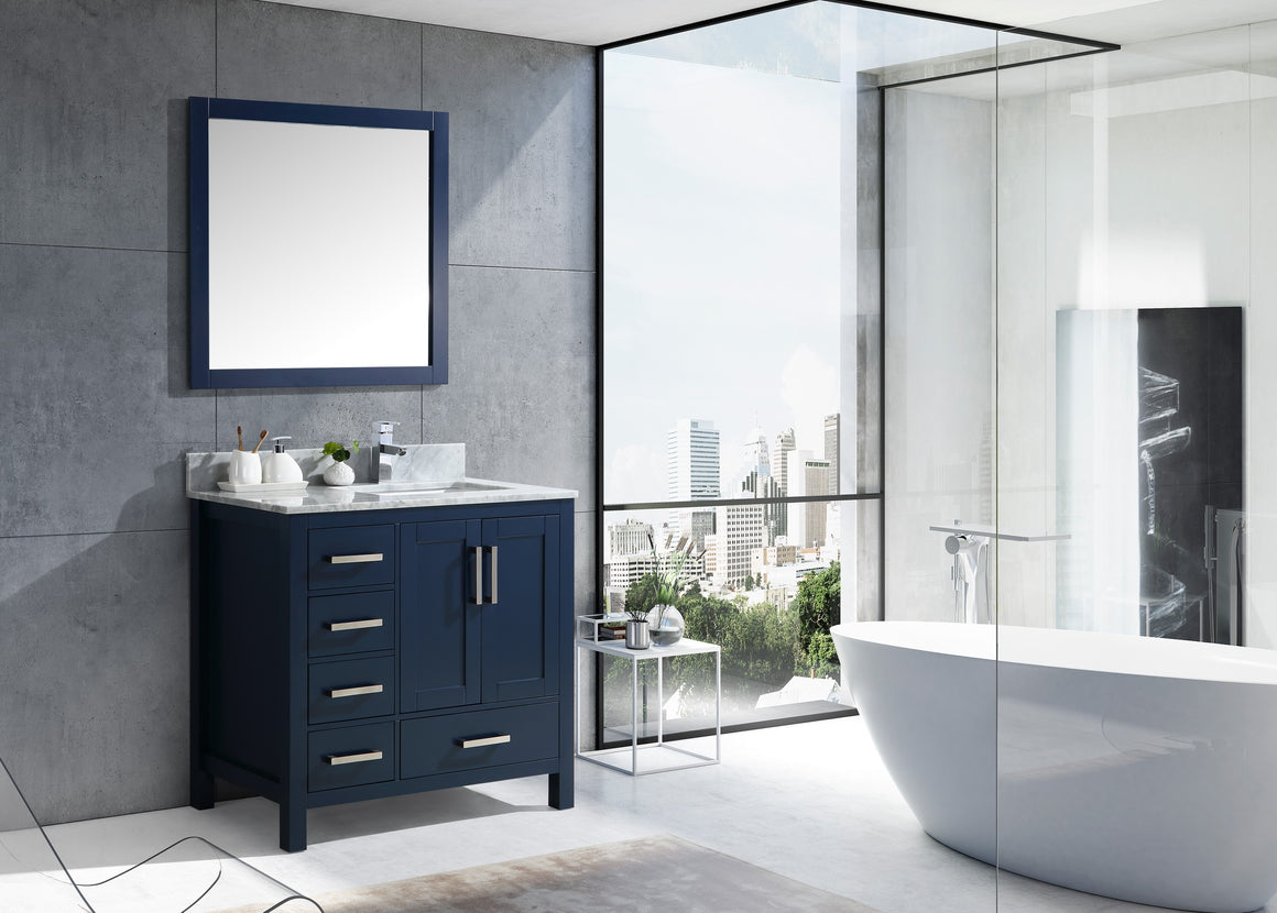 Jacques 36" Navy Blue Single Vanity, White Carrara Marble Top, White Square Sink and 34" Mirror - Right