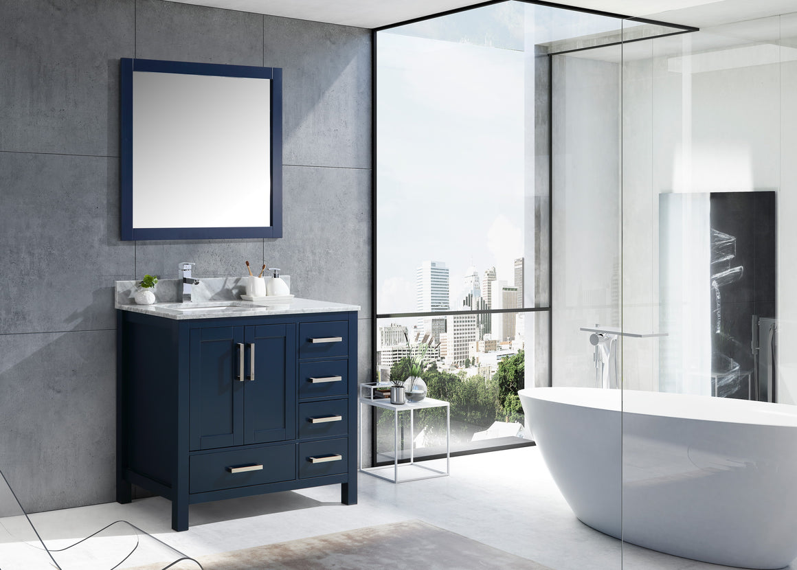 Jacques 36" Navy Blue Single Vanity, White Carrara Marble Top, White Square Sink and 34" Mirror - Left Version