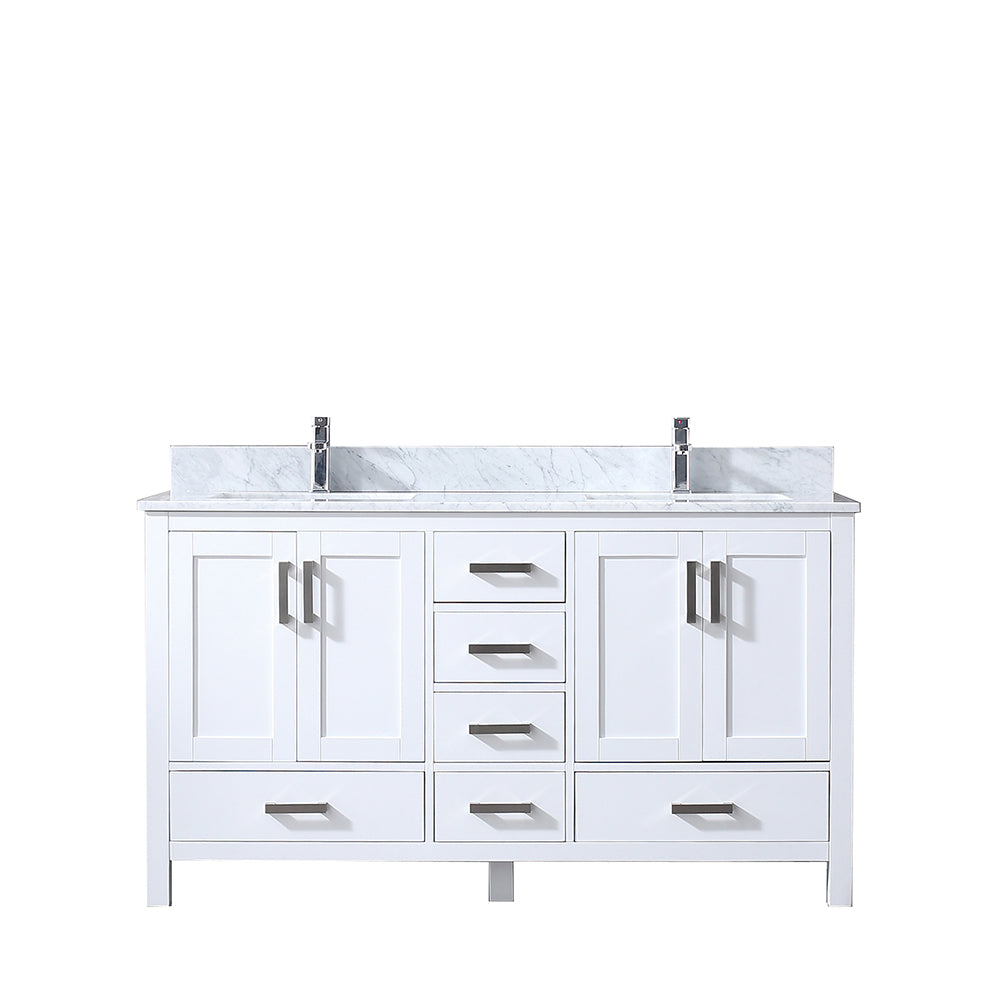 Jacques 60" Double Vanity White, White Carrera Marble Top, White Square Sinks and no Mirror