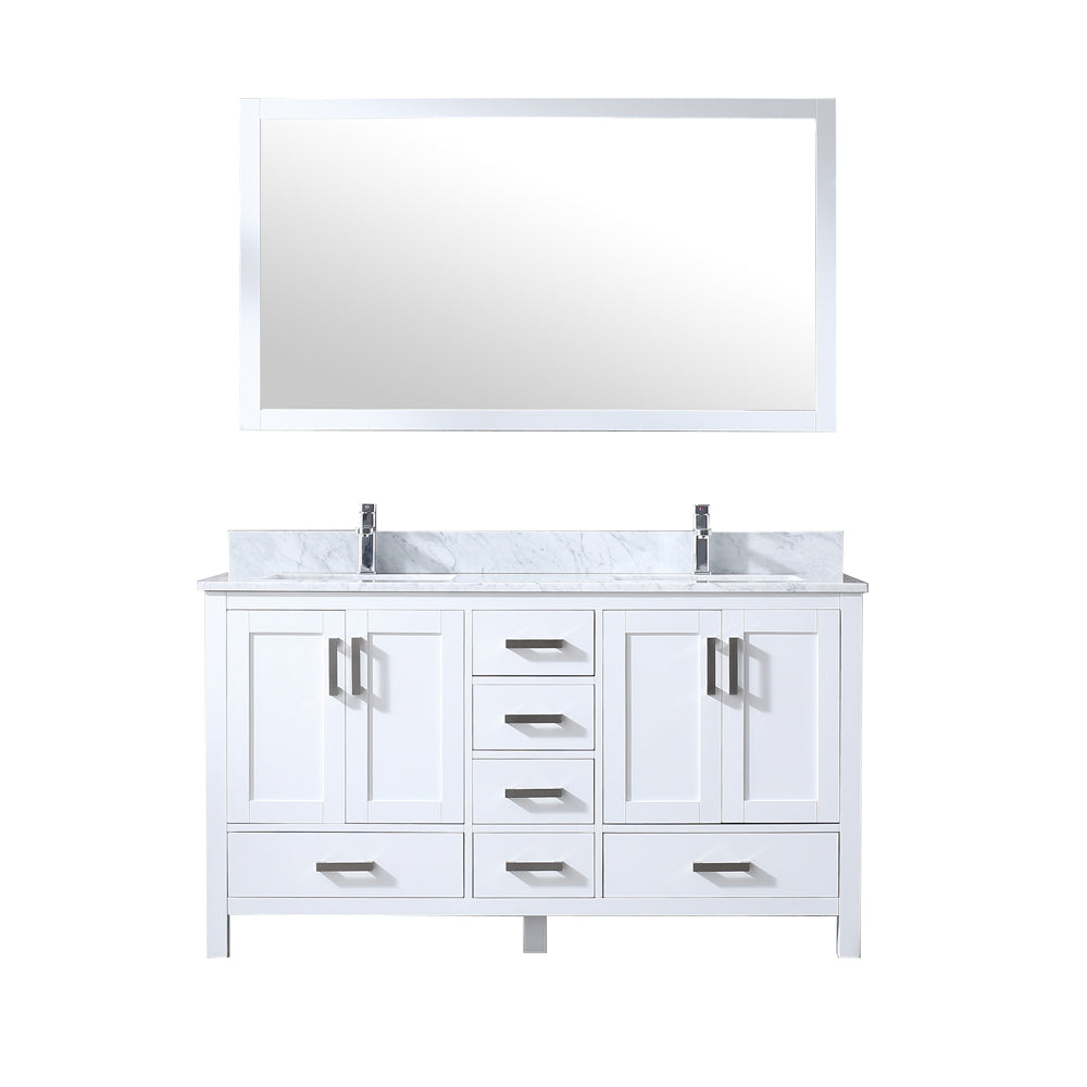 Jacques 60" Double Vanity White, White Carrera Marble Top, White Square Sinks and 58" Mirror