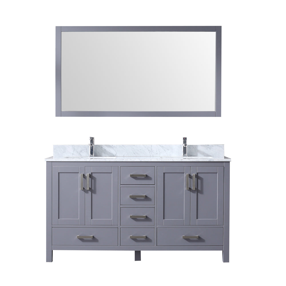 Jacques 60" Double Vanity Dark Grey, White Carrera Marble Top, White Square Sinks and 58" Mirror