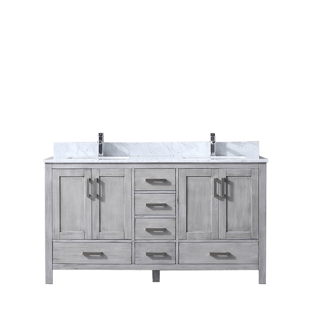 Jacques 60" Double Vanity Distressed Grey, White Carrera Marble Top, White Square Sinks and no Mirror