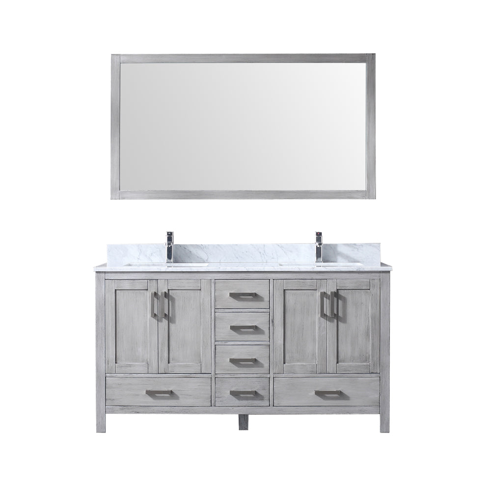 Jacques 60" Double Vanity Distressed Grey, White Carrera Marble Top, White Square Sinks and 58" Mirror