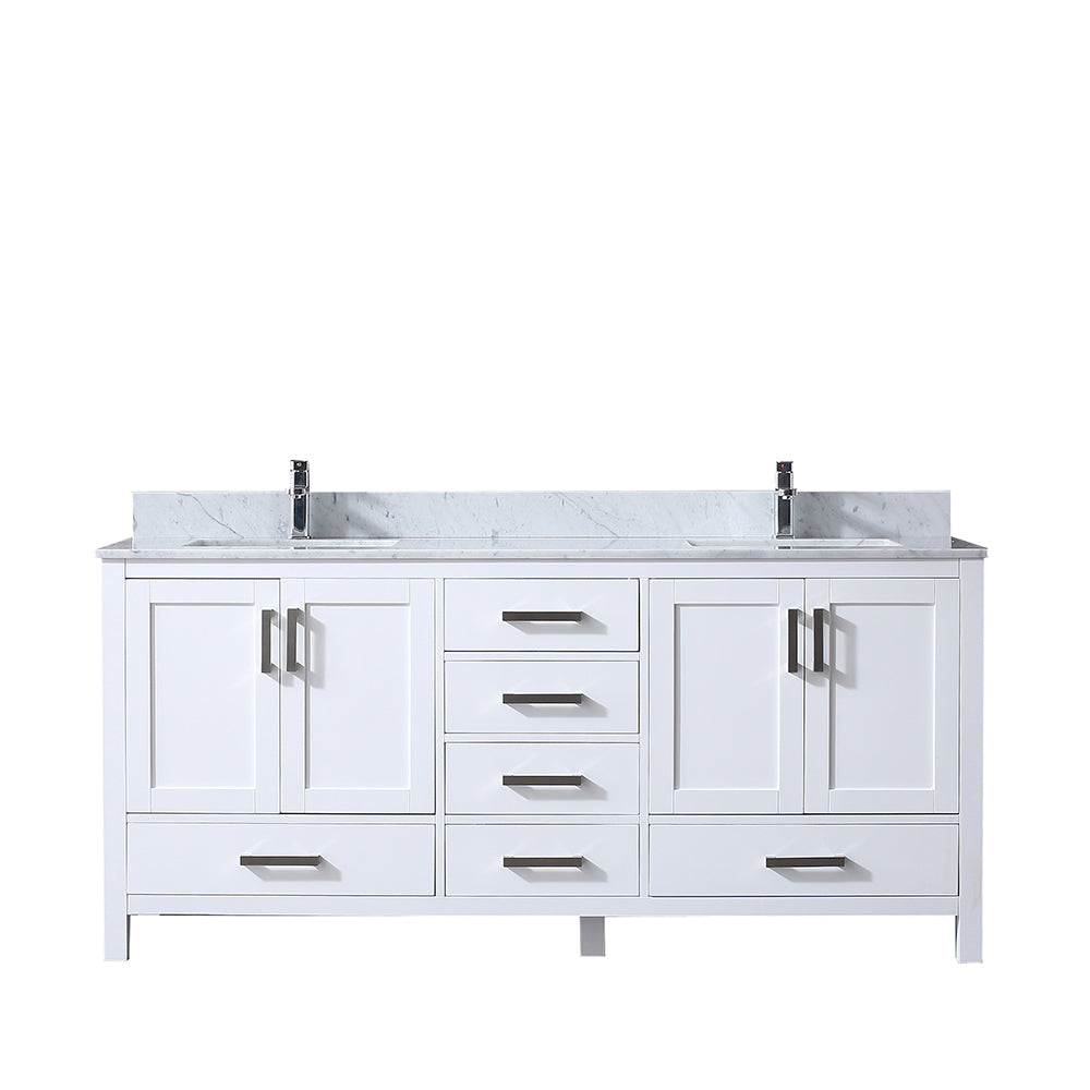 Jacques 72" Double Vanity White, White Carrera Marble Top, White Square Sinks and no Mirror