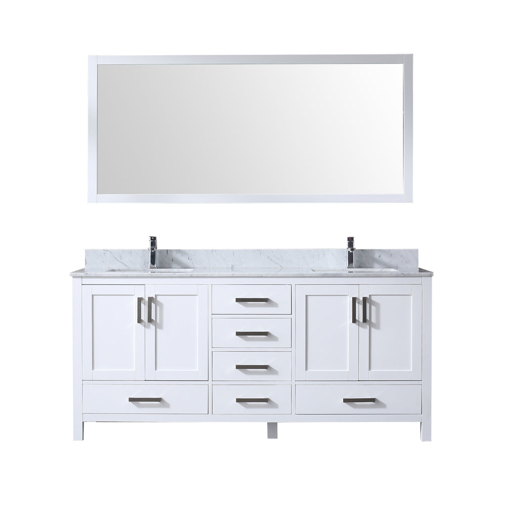Jacques 72" Double Vanity White, White Carrera Marble Top, White Square Sinks and 70" Mirror