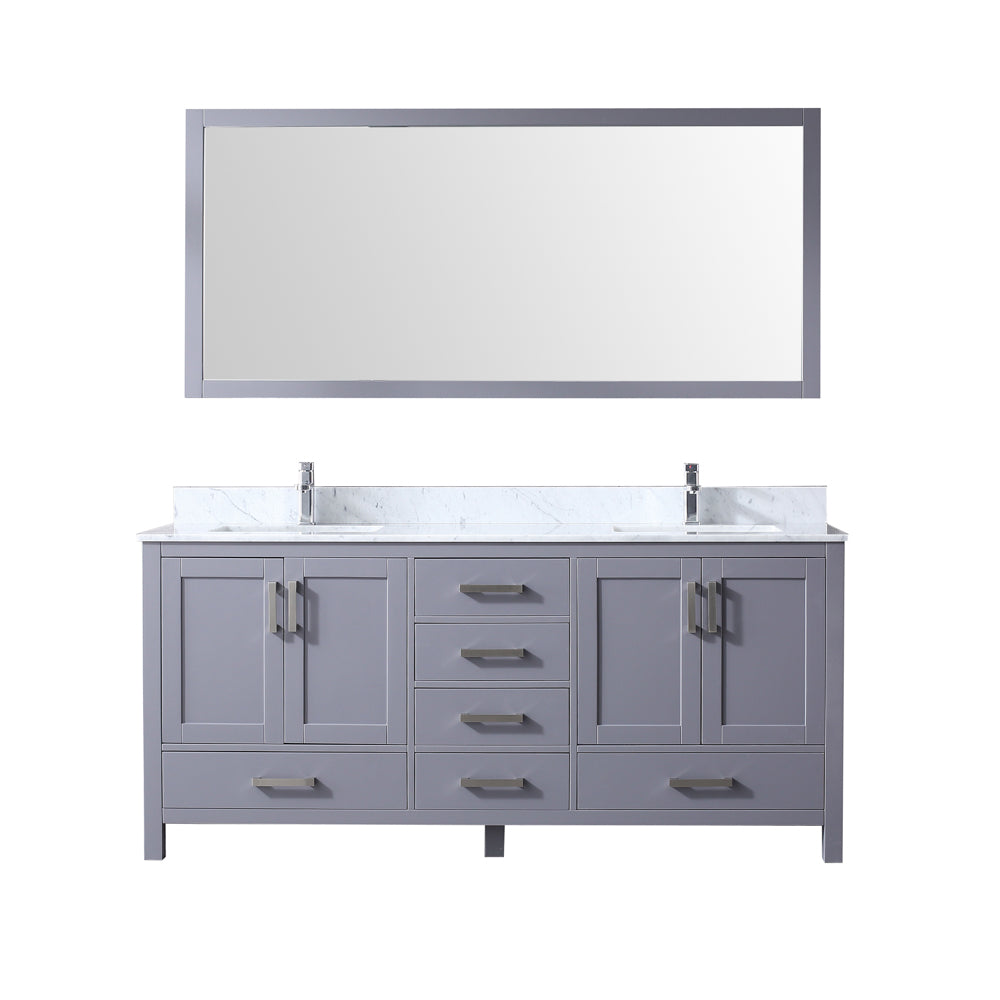 Jacques 72" Double Vanity Dark Grey, White Carrera Marble Top, White Square Sinks and 70" Mirror