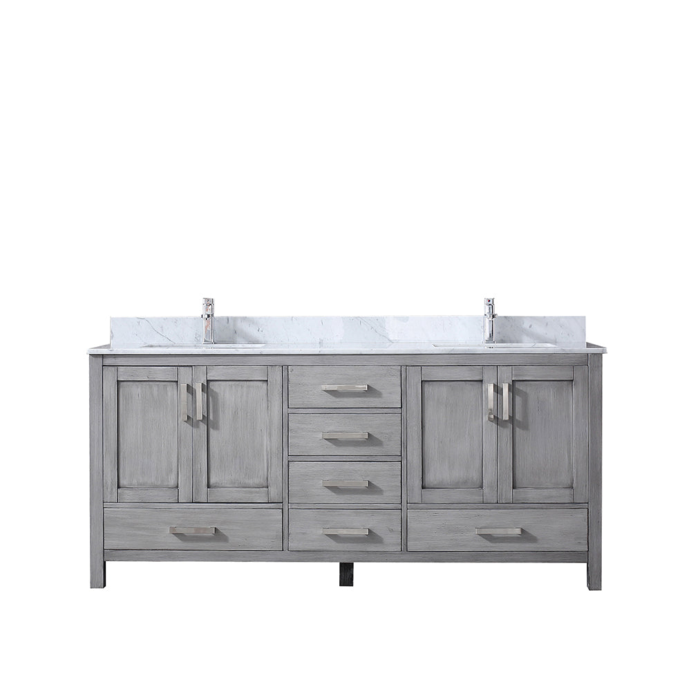 Jacques 72" Double Vanity Distressed Grey, White Carrera Marble Top, White Square Sinks and no Mirror