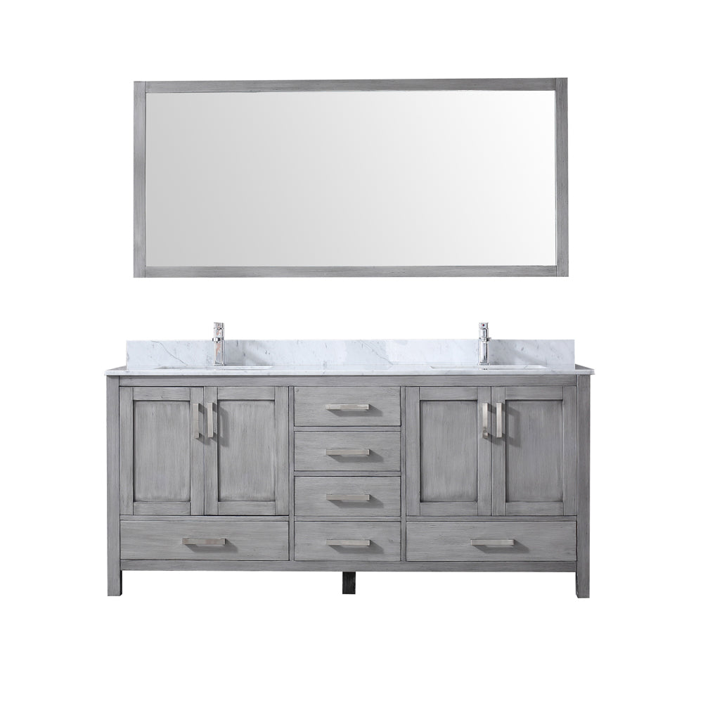 Jacques 72" Double Vanity Distressed Grey, White Carrera Marble Top, White Square Sinks and 70" Mirror
