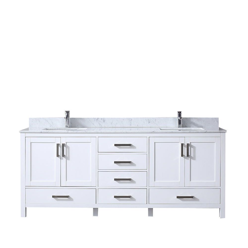 Jacques 80" Double Vanity White, White Carrera Marble Top, White Square Sinks and no Mirror