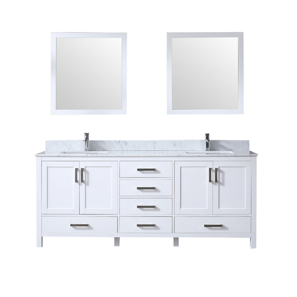 Jacques 80" Double Vanity White, White Carrera Marble Top, White Square Sinks and 30" Mirrors