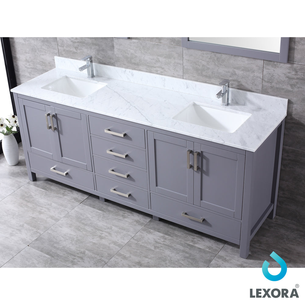 Jacques 80" Double Vanity Dark Grey, White Carrera Marble Top, White Square Sinks and no Mirror