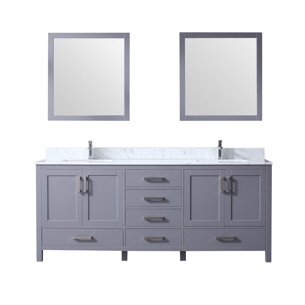 Jacques 80" Double Vanity Dark Grey, White Carrera Marble Top, White Square Sinks and 30" Mirrors