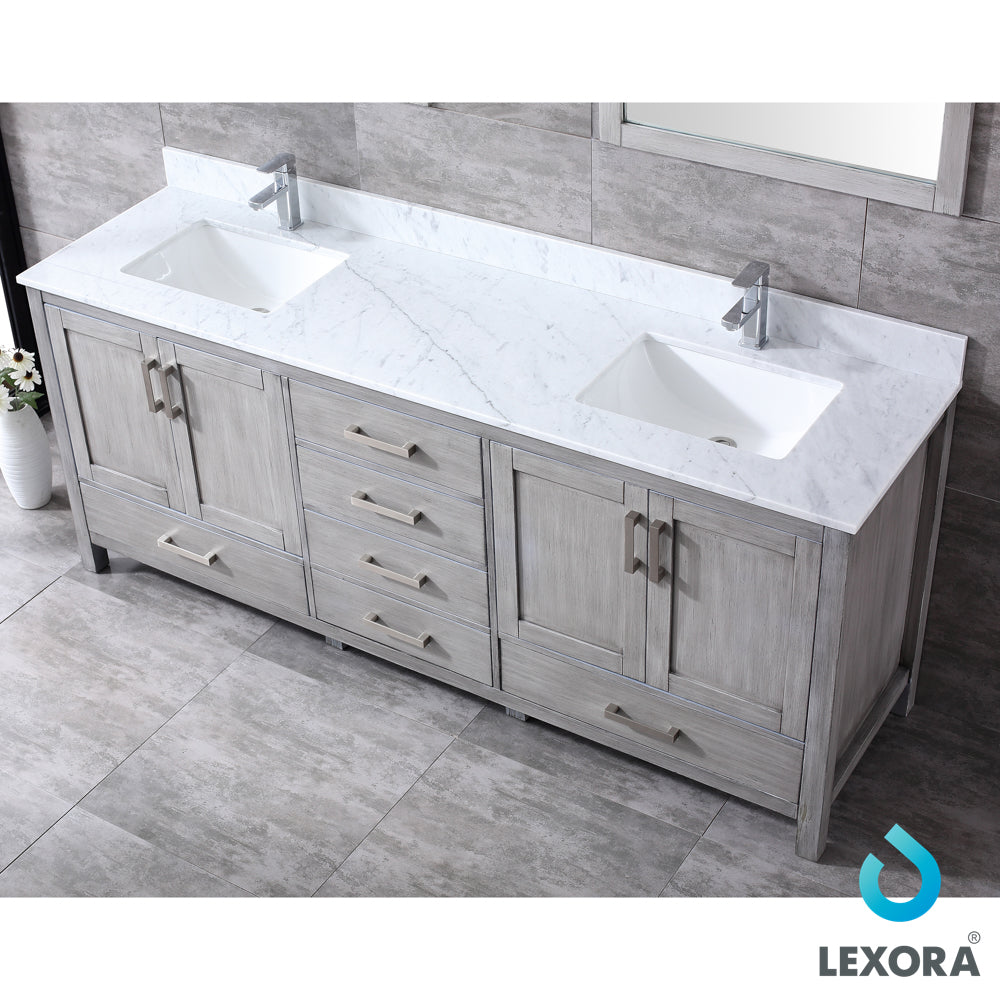 Jacques 80" Double Vanity Distressed Grey, White Carrera Marble Top, White Square Sinks and no Mirror