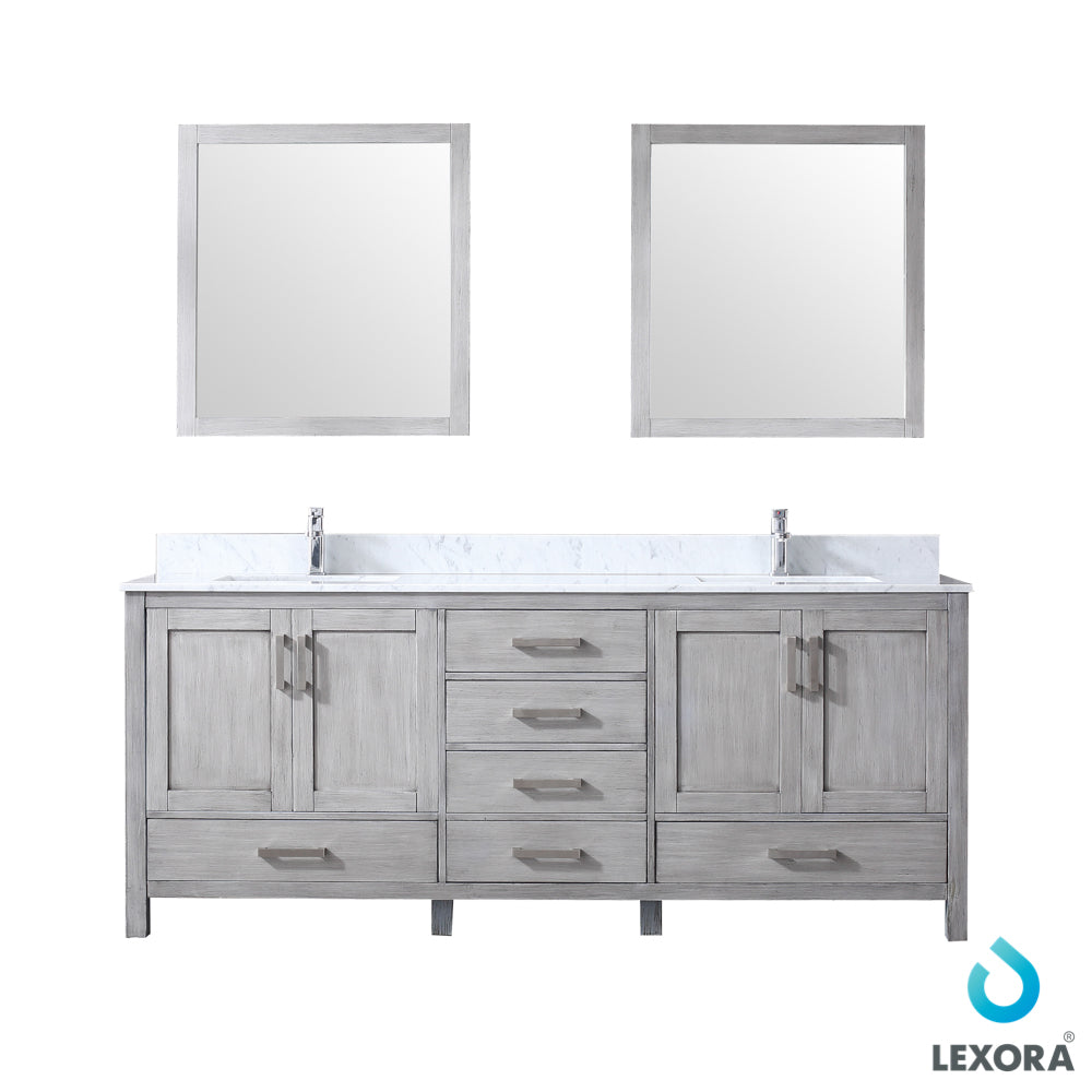 Jacques 80" Double Vanity Distressed Grey, White Carrera Marble Top, White Square Sinks and 30" Mirrors