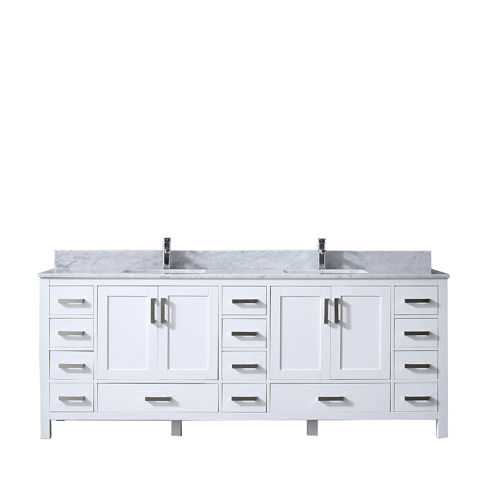 Jacques 84" Double Vanity White, White Carrera Marble Top, White Square Sinks and no Mirror