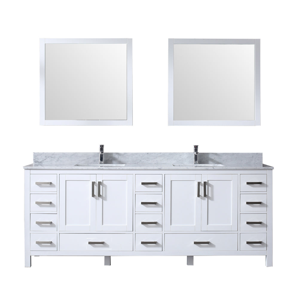 Jacques 84" Double Vanity White, White Carrera Marble Top, White Square Sinks and 34" Mirrors