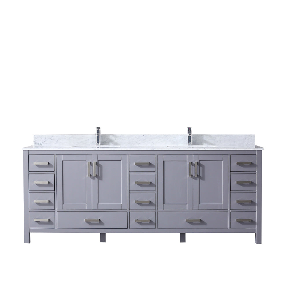 Jacques 84" Double Vanity Dark Grey, White Carrera Marble Top, White Square Sinks and no Mirror
