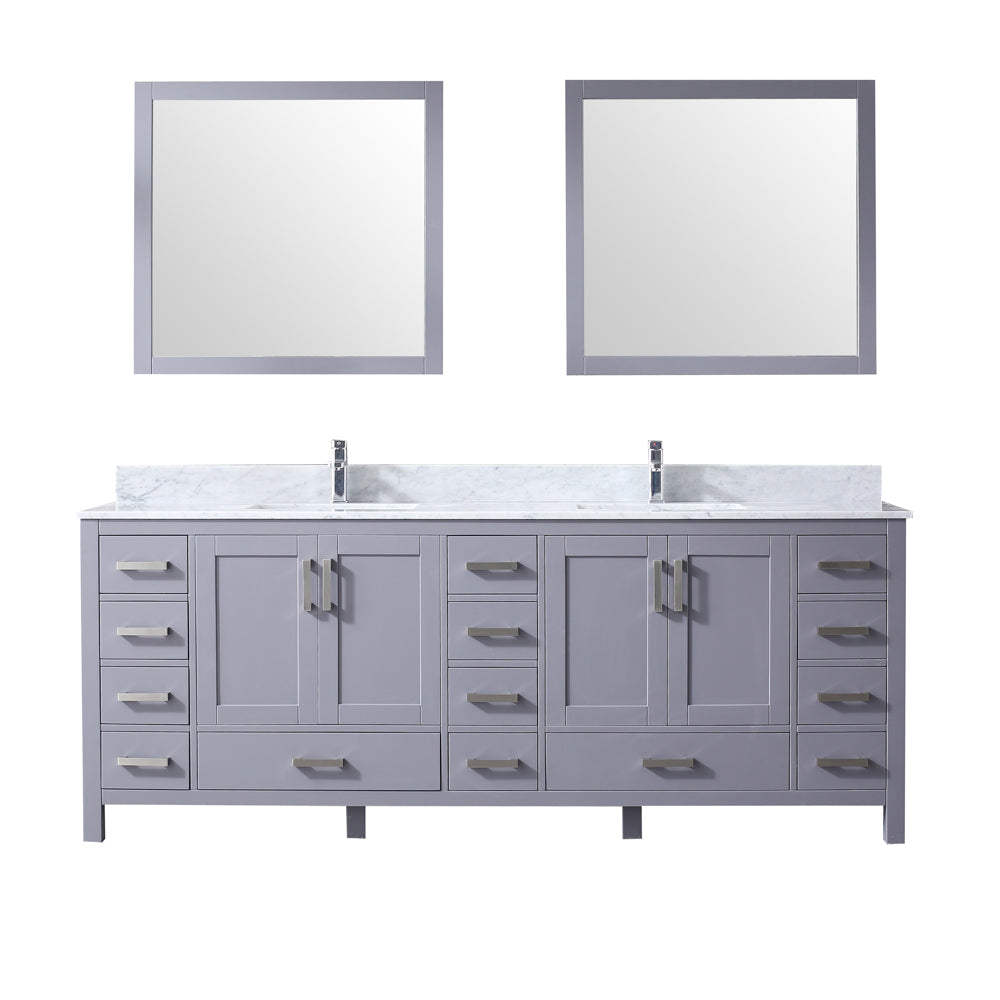 Jacques 84" Double Vanity Dark Grey, White Carrera Marble Top, White Square Sinks and 34" Mirrors