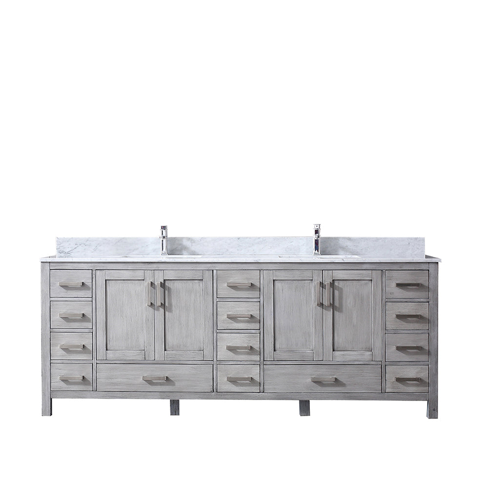 Jacques 84" Double Vanity Distressed Grey, White Carrera Marble Top, White Square Sinks and no Mirror