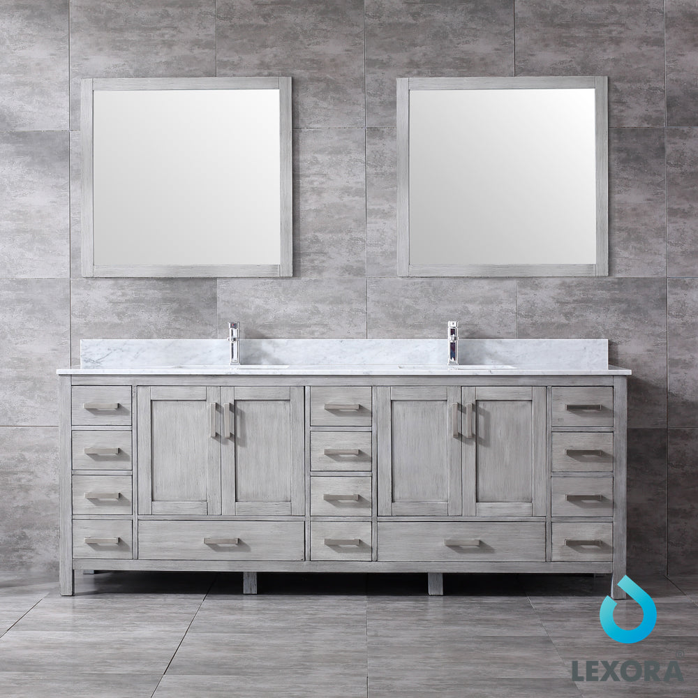 Jacques 84" Double Vanity Distressed Grey, White Carrera Marble Top, White Square Sinks and 34" Mirrors