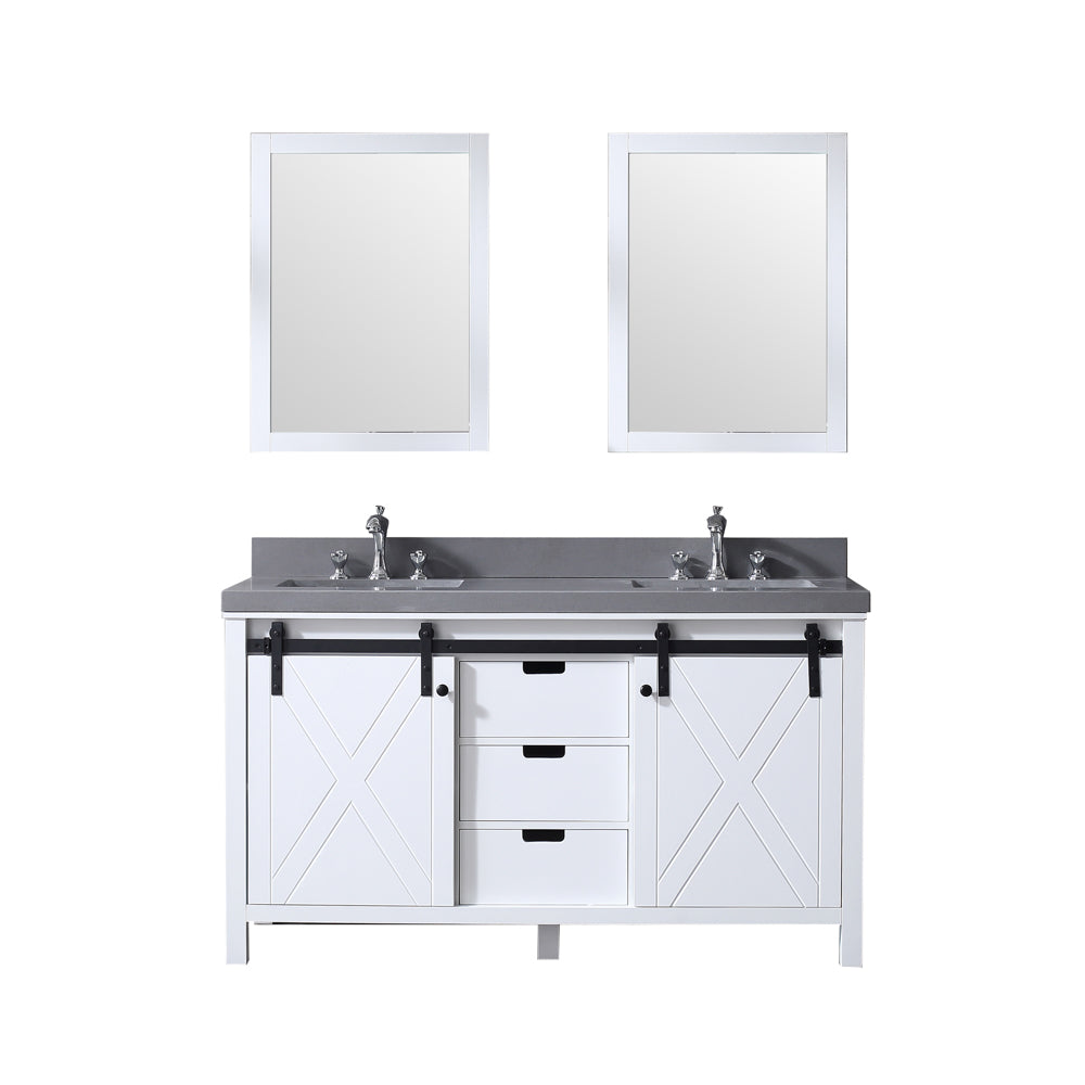 Marsyas 60" Double Vanity White, Grey Quartz Top, White Square Sinks and 24" Mirrors