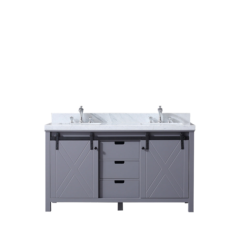 Marsyas 60" Double Vanity Dark Grey, White Carrera Marble Top, White Square Sinks and no Mirror