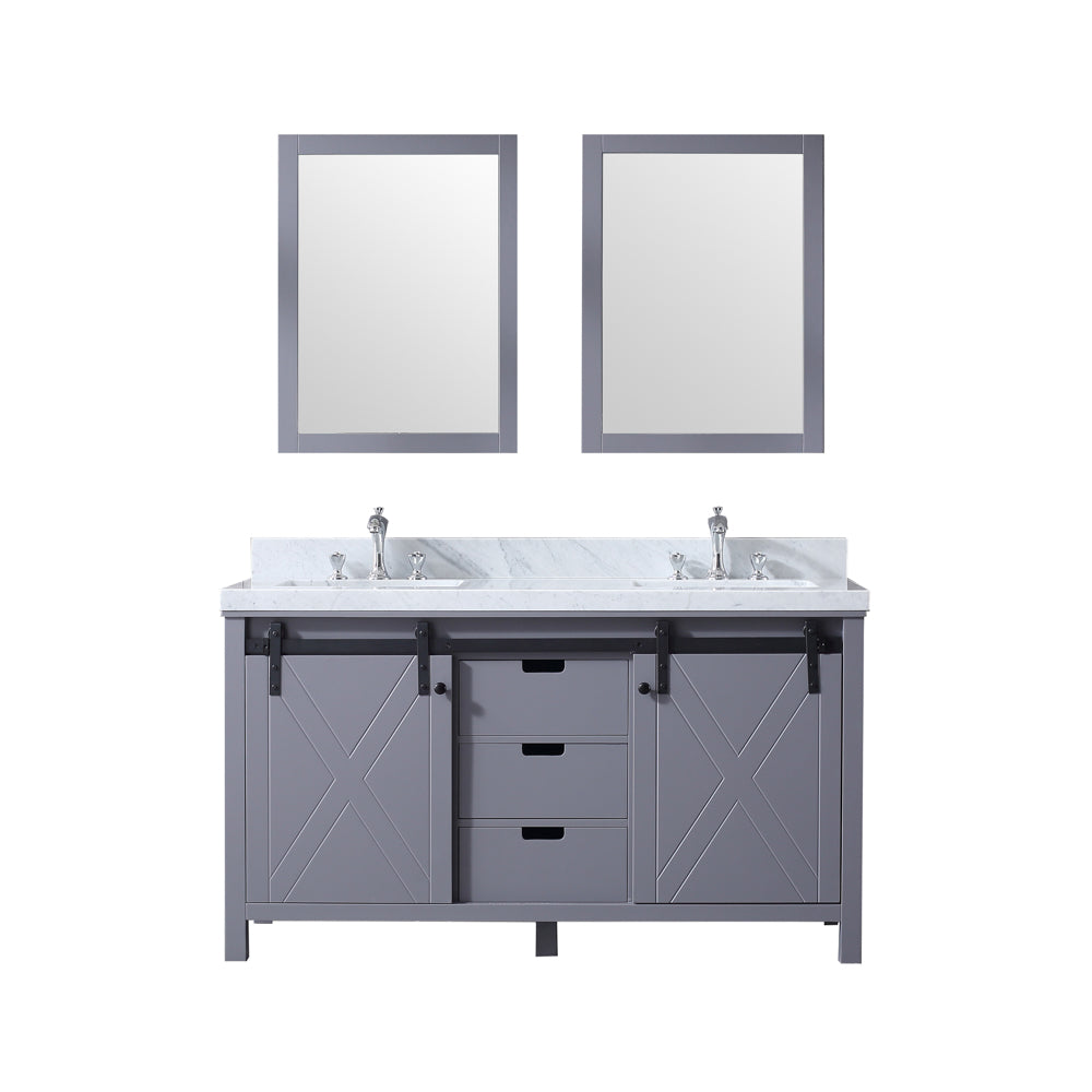 Marsyas 60" Double Vanity Dark Grey, White Carrera Marble Top, White Square Sinks and 24" Mirrors