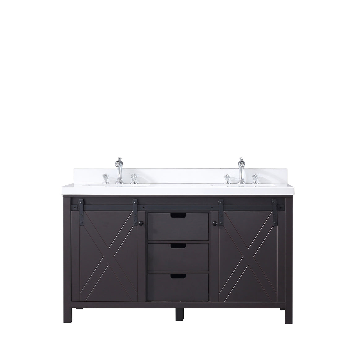 Marsyas 60" Double Vanity Brown, White Quartz Top, White Square Sinks and no Mirror