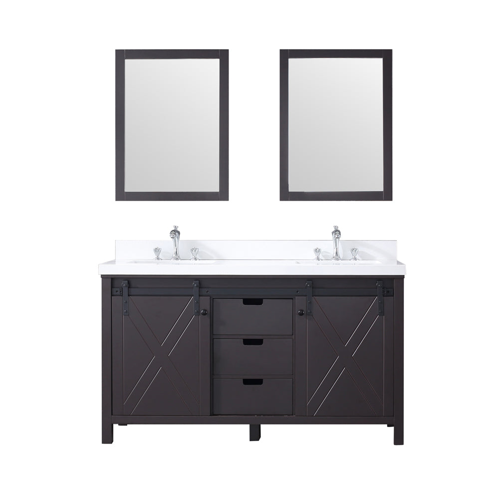 Marsyas 60" Double Vanity Brown, White Quartz Top, White Square Sinks and 24" Mirrors