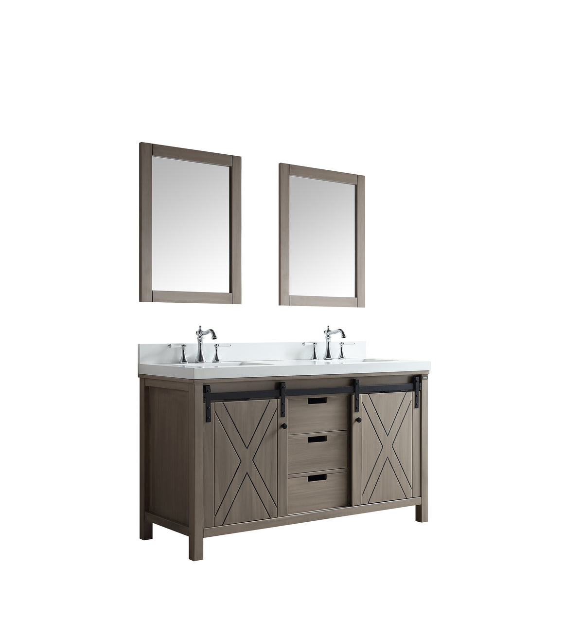 Marsyas 60" Double Vanity Ash Grey, White Quartz Top, White Square Sinks and 24" Mirrors