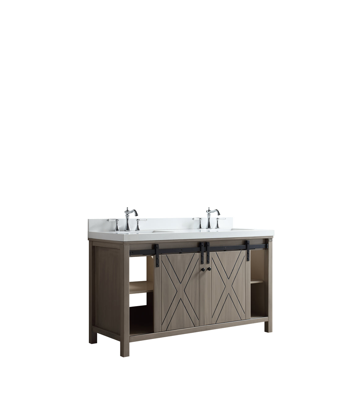 Marsyas 60" Double Vanity Ash Grey, White Quartz Top, White Square Sinks and no Mirror