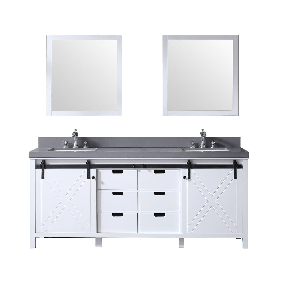 Marsyas 80" Double Vanity White, Grey Quartz Top, White Square Sinks and 30" Mirrors