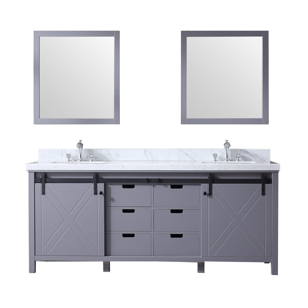 Marsyas 80" Double Vanity Dark Grey, White Carrera Marble Top, White Square Sinks and 30" Mirrors