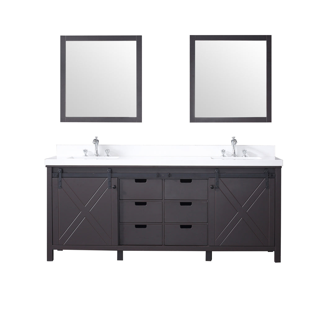 Marsyas 80" Double Vanity Brown, White Quartz Top, White Square Sinks and 30" Mirrors