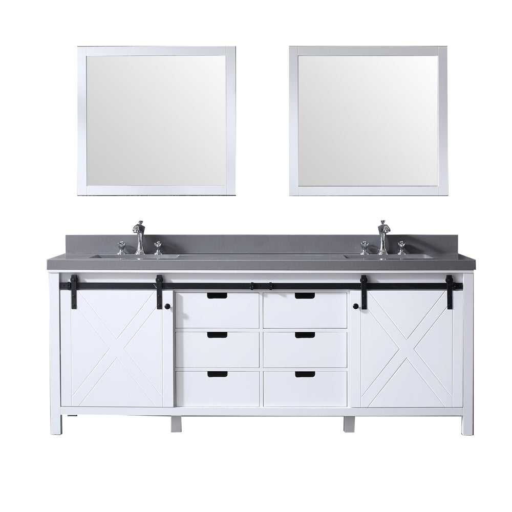 Marsyas 84" Double Vanity White, Grey Quartz Top, White Square Sinks and 34" Mirrors