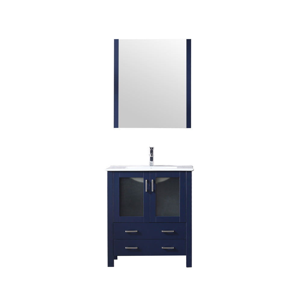 Volez 30" Single Vanity Navy Blue, Integrated Top, White Integrated Square Sink and 28" Mirror