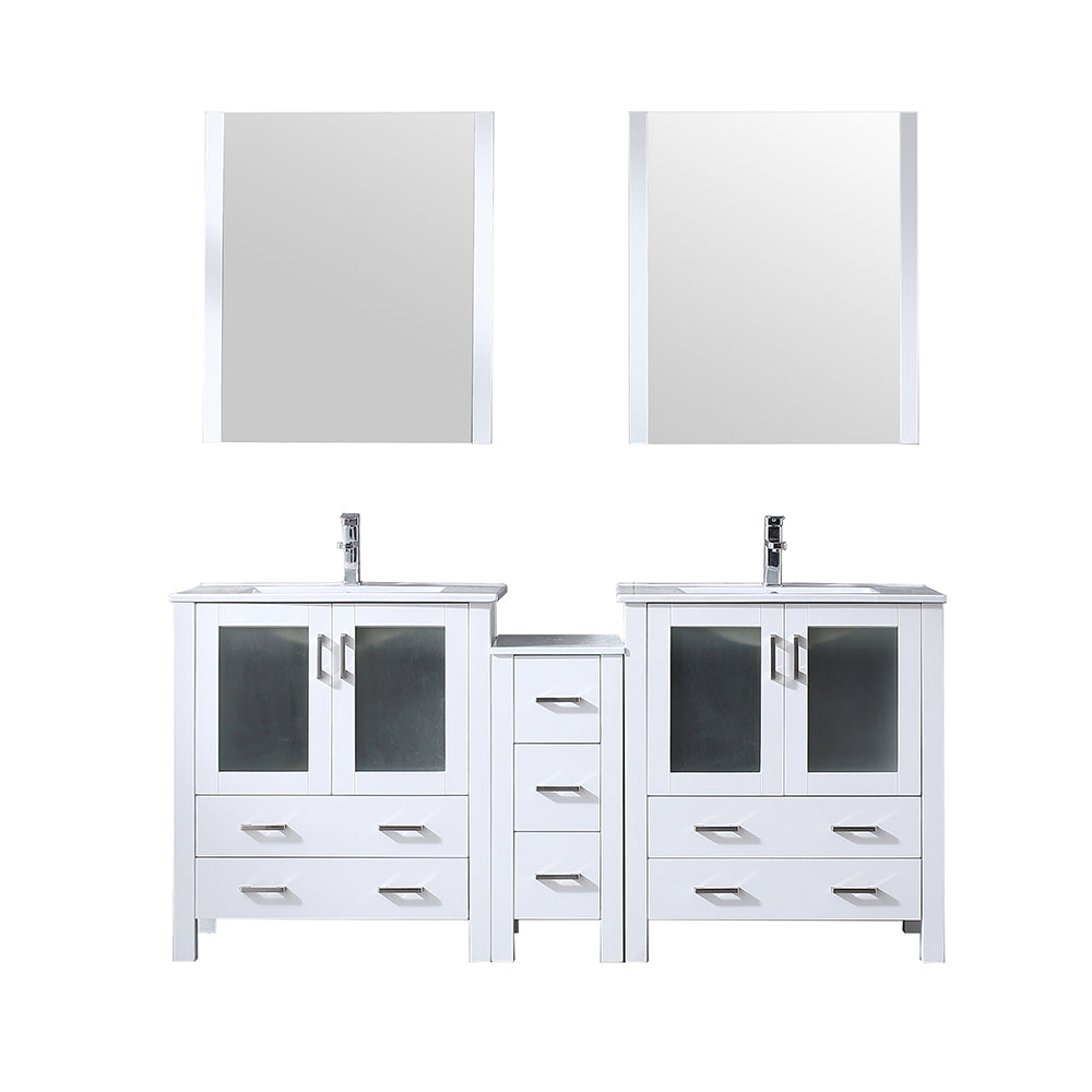Volez 72" Double Vanity White w/ Side Cabinet, Integrated Top, White Integrated Square Sink and 28" Mirrors