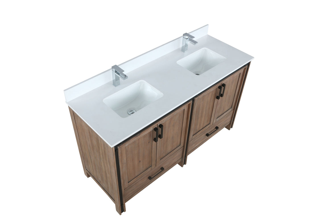 Ziva 60" Rustic Barnwood Double Vanity, Cultured Marble Top, White Square Sink and no Mirror