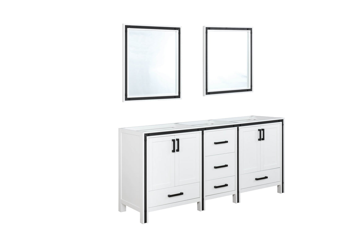 Ziva 72" White Double Vanity, no Top and 30" Mirrors