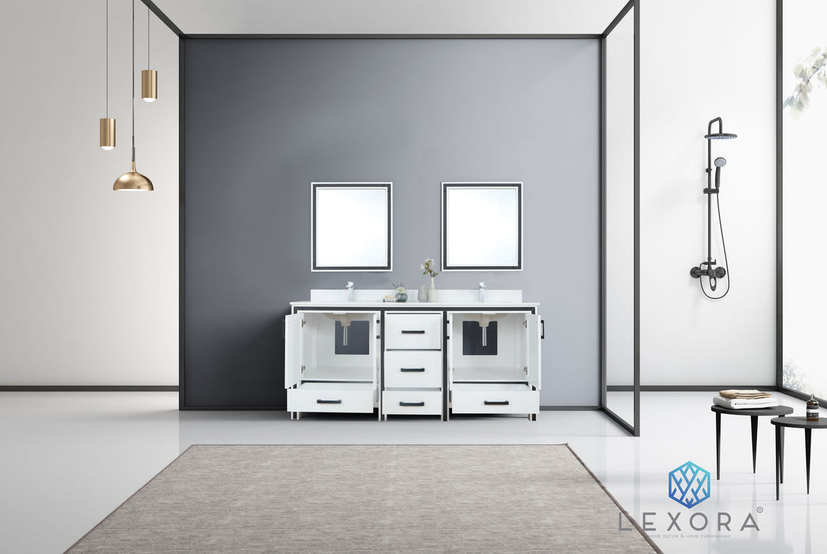 Ziva 72" White Double Vanity, Cultured Marble Top, White Square Sink and 30" Mirrors w/ Faucet