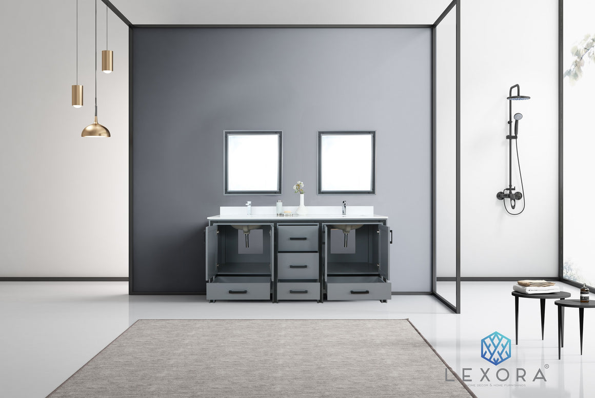 Ziva 72" Dark Grey Double Vanity, Cultured Marble Top, White Square Sink and 30" Mirrors