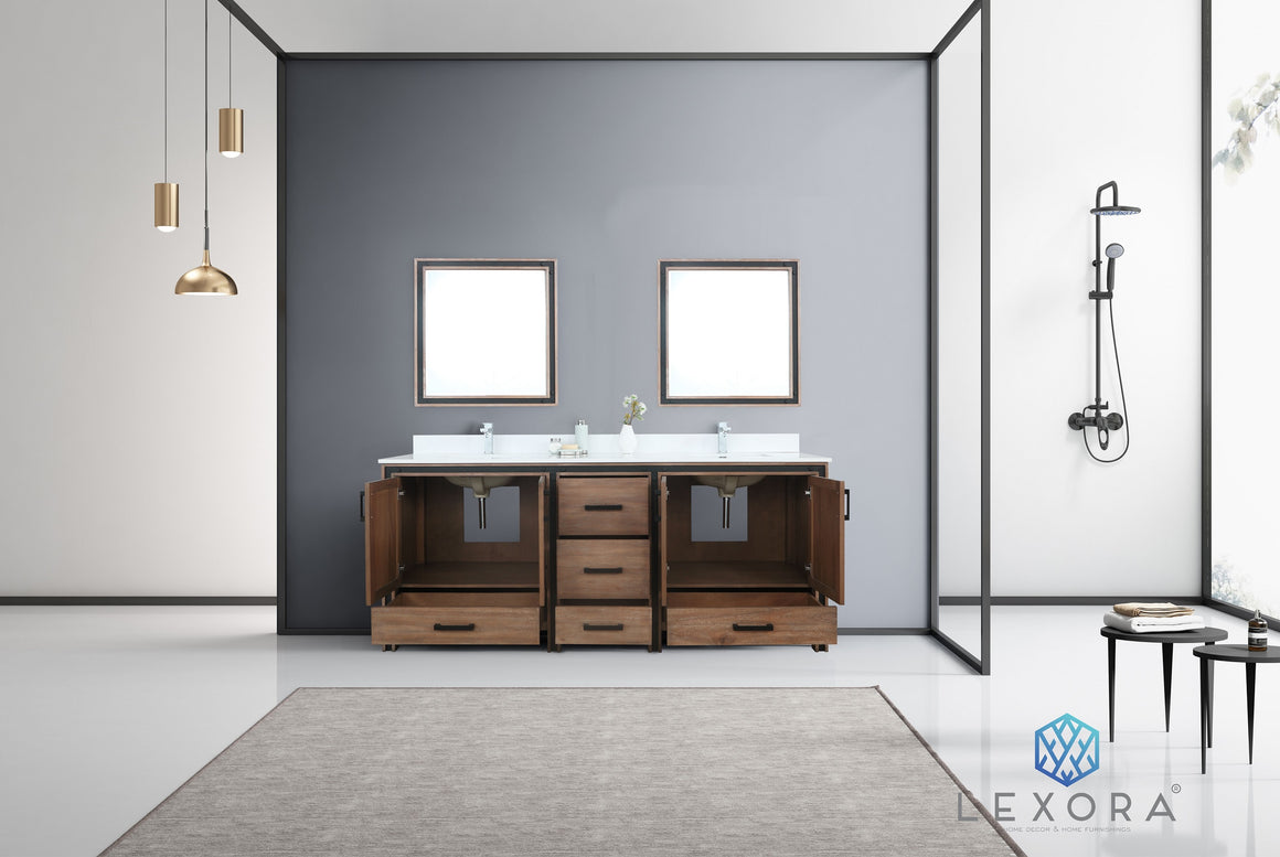 Ziva 80" Rustic Barnwood Double Vanity, Cultured Marble Top, White Square Sink and 30" Mirrors