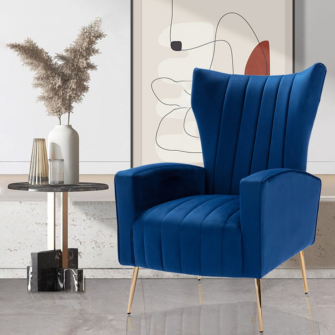 River Quinn Wingback Arm Chair with Gold Legs in Blue