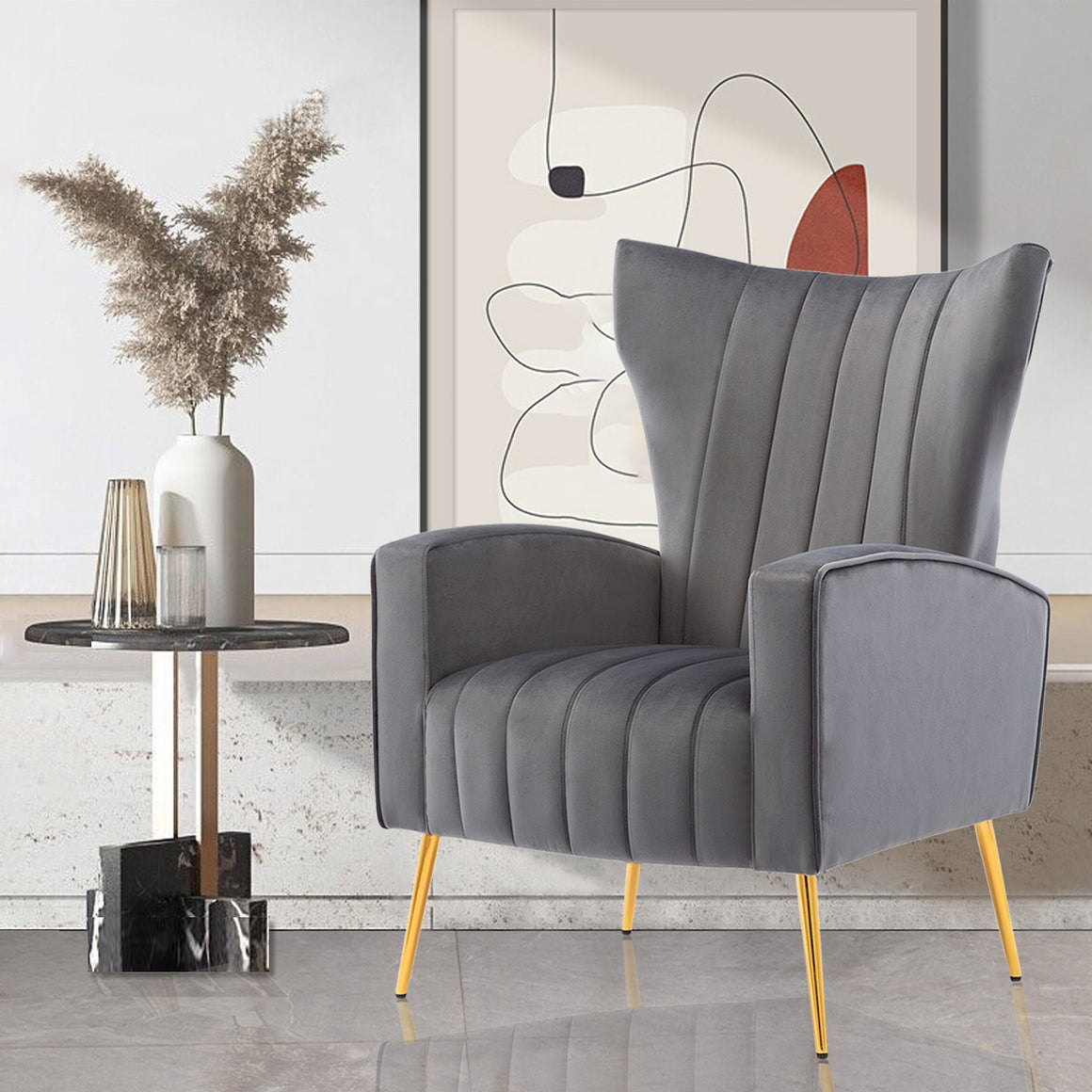 River Quinn Wingback Arm Chair with Gold Legs in Gray
