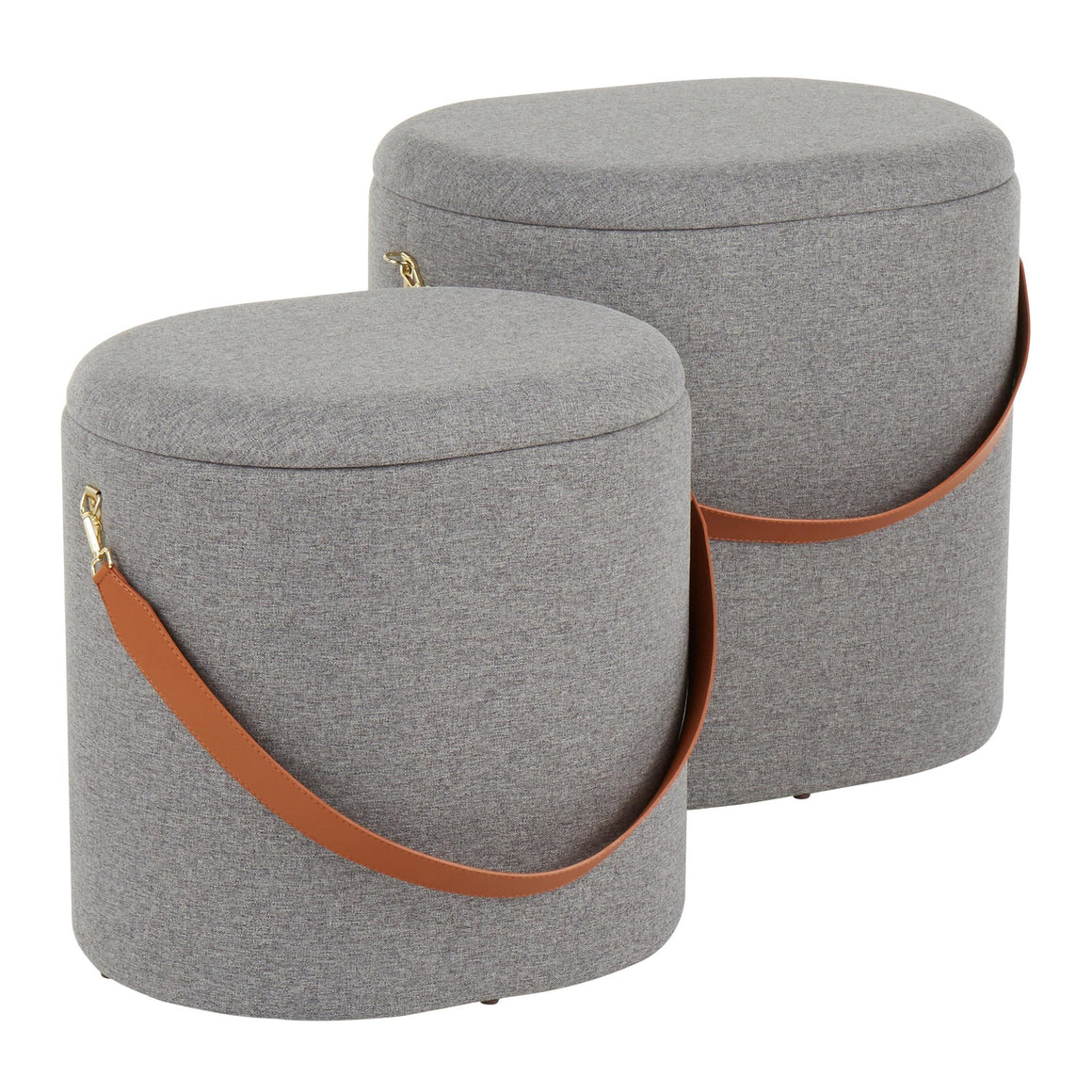 Nesting Oval Strap Contemporary Ottoman in Grey Fabric with Brown Faux Leather Strap by LumiSource