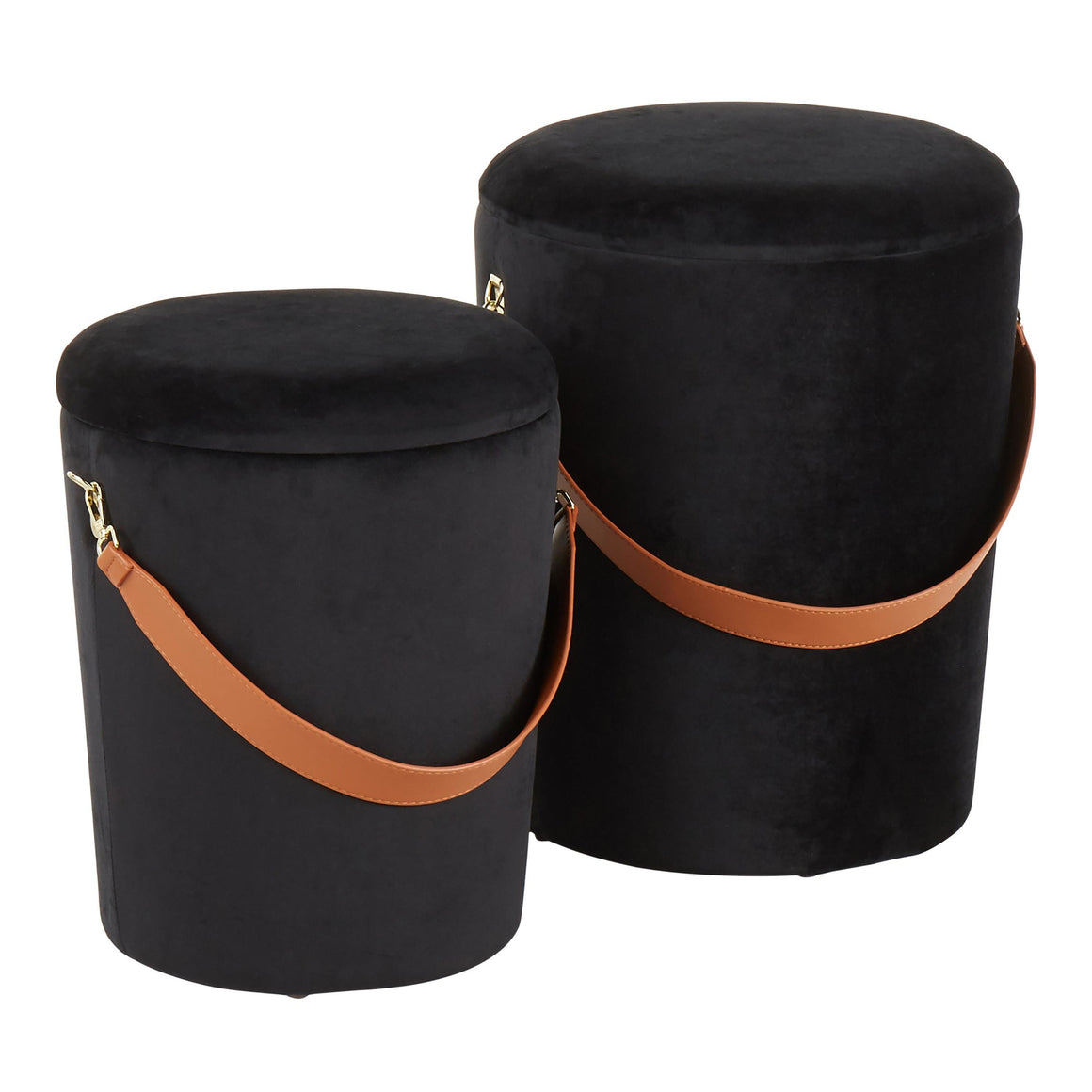 Nesting Strap Contemporary Ottoman in Black Velvet with Brown Faux Leather Strap by LumiSource