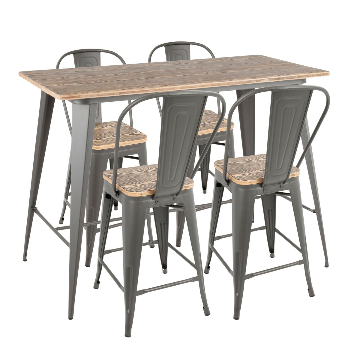 Oregon 5-Piece Industrial High Back Counter Set in Grey and Wood-Pressed Grain Bamboo by LumiSource