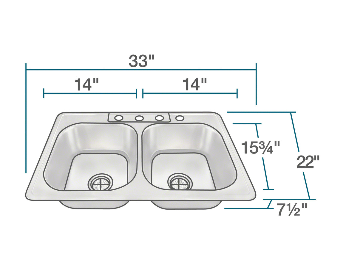 PT2201US Topmount Double Equal Bowl Stainless Steel Sink